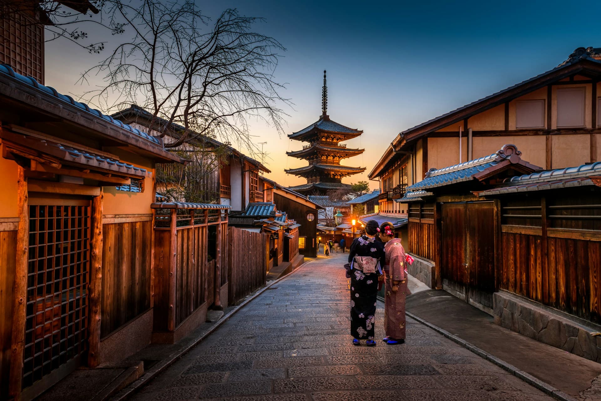 Traditional Japanese street with lanterns in Kyoto
