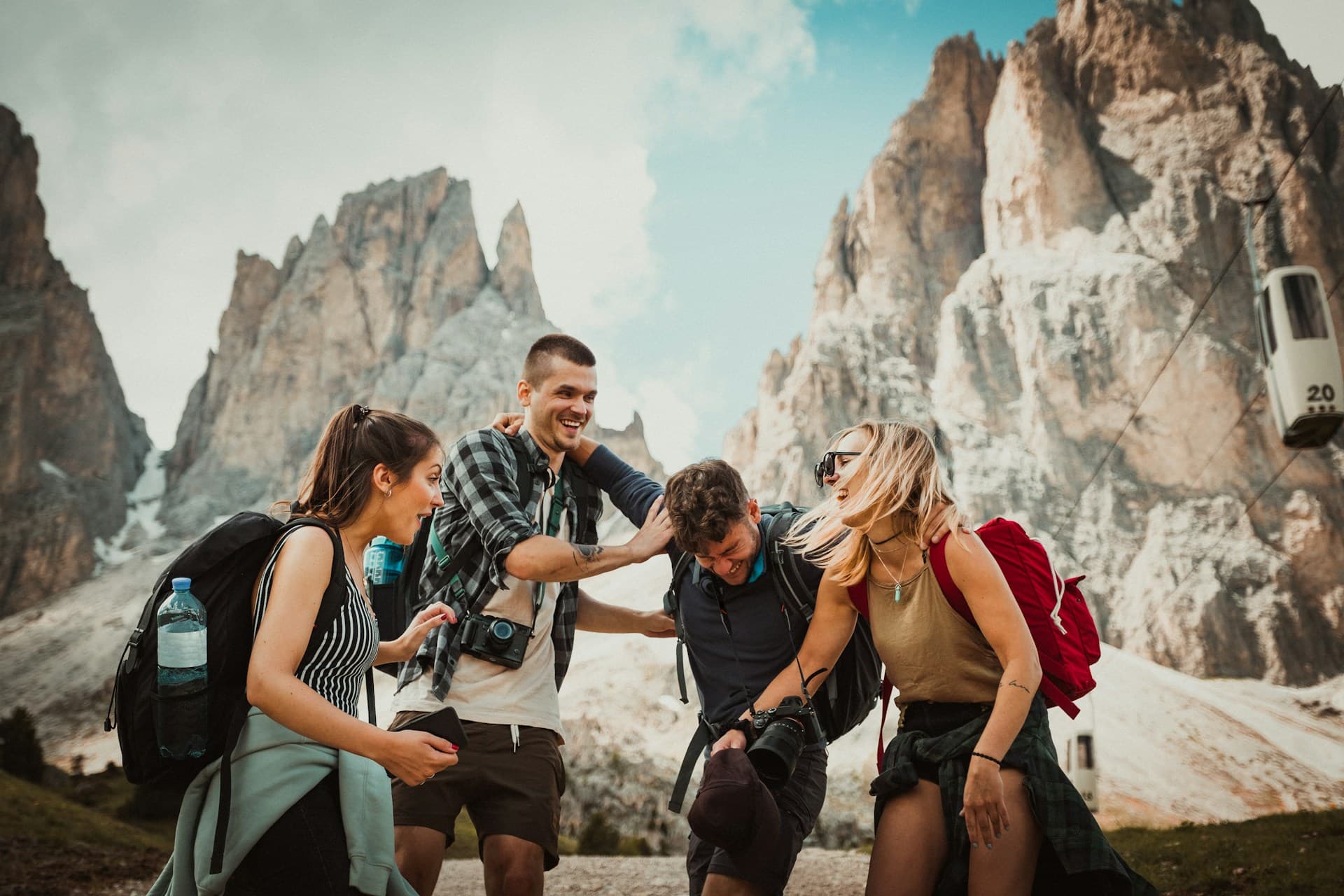 Group of friends laughing together on a trip